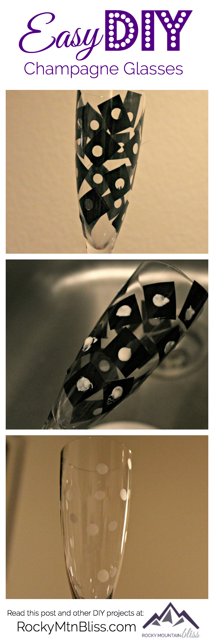 Make your own designer look-a-like champagne glasses for New Years Eve with this easy tutorial from RockyMtnBliss.com