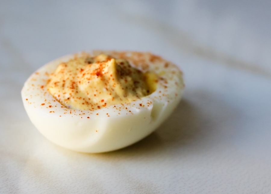 This spicy mustard deviled eggs recipe uses your favorite mustard from Hickory Farms
