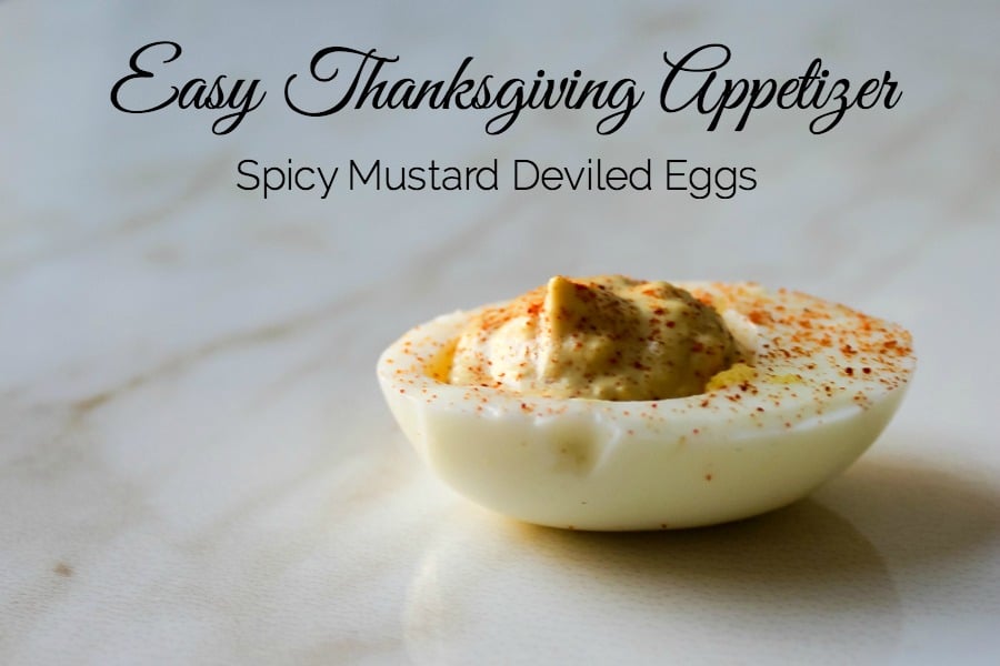 Spice up your favorite deviled egg recipe with Spice Brown Mustard from Hickory Farms. This recipe is the perfect easy Thanksgiving Appetizer. 